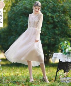 大人 | パーティードレス ドレス 結婚式 ミモレ丈 フォーマル ワンピース レース 袖あり 同窓会 謝恩会 二次会 綺麗 成人式 披露宴 スカート