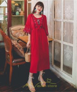 マキシ | ワンピース トップス ロング ロングワンピース 綿麻 夏秋 レディース 大人 おしゃれ シンプル ナチュラル カジュアル 刺繍 花柄 丸首 華やか 上品