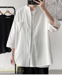 シャツ | メンズ 夏コーデ 2021新作 ライトアウター 5分袖 7分袖 スタンドカラー 麻綿 無地 カッコイイ お出かけ カジュアルトップス 薄手 夏着 アウトドア