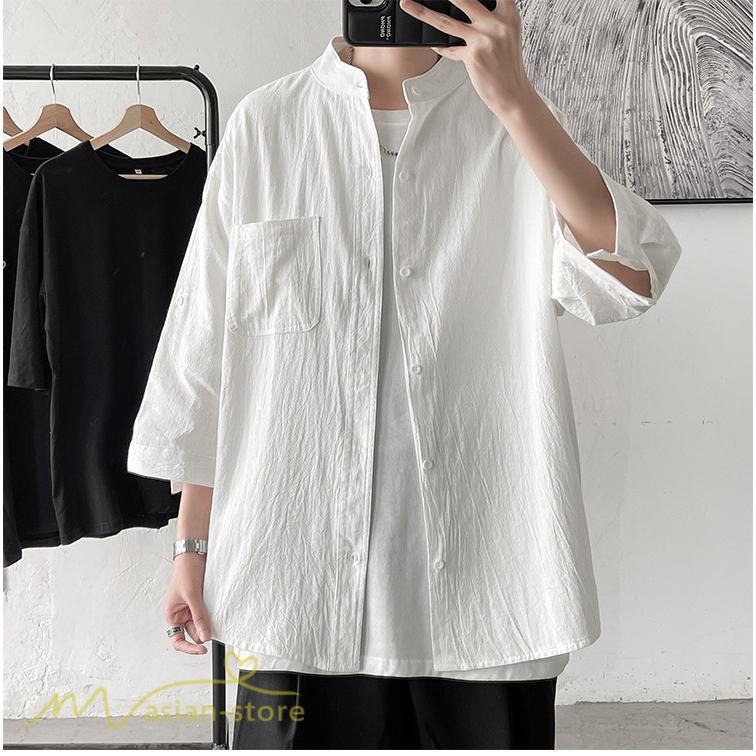 シャツ | メンズ 夏コーデ 2021新作 ライトアウター 5分袖 7分袖 スタンドカラー 麻綿 無地 カッコイイ お出かけ カジュアルトップス 薄手 夏着 アウトドア