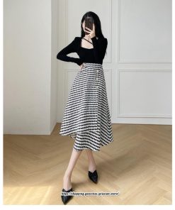 スカート | ロングきれいめ レディース ロング丈 Aライン 20代 30代 40代 50代 秋 冬 千鳥格柄 細見え 可愛い ハイウエスト お出かけ 高見え