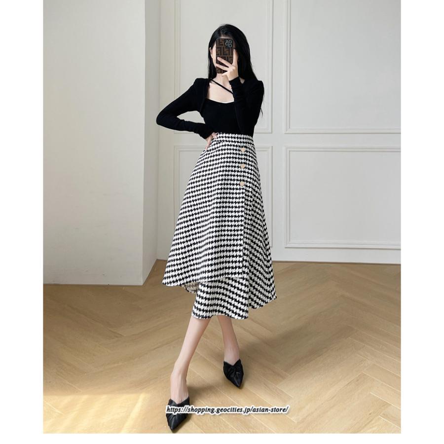 スカート | ロングきれいめ レディース ロング丈 Aライン 20代 30代 40代 50代 秋 冬 千鳥格柄 細見え 可愛い ハイウエスト お出かけ 高見え