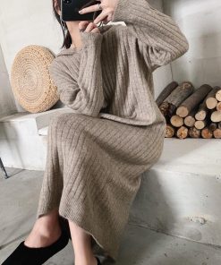 ワンピース | ニットレディース カジュアル ゆったり ロング長袖 リブニット 秋冬 フード付き