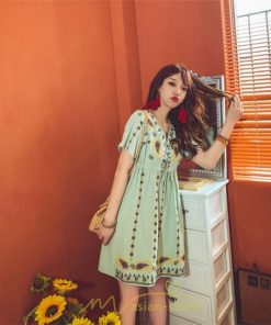 ミニ丈 | ワンピース ミニワンピース 膝上 レディース 夏 綿麻 きれいめ カジュアル 膝丈 Aライン おしゃれ 大人 可愛い セクシー Vネック 緑 赤 半袖 白 新作 上品