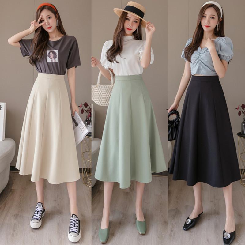 スカート | ミモレフレアAライン無地 エレガント 大きいサイズ 裾広い ハイウエスト 着痩せ 裏地付き 後ろファスナー レディース 通学通勤 体型カバー