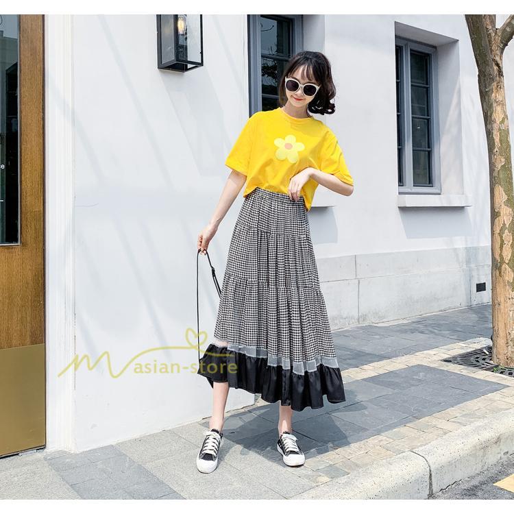 スカート | フレア ロング春物 レディース 春夏 チェック柄 ドッキング リゾート 体型カバー お出かけ 20代30代40代50代 着痩せ 通勤通学 カジュアル