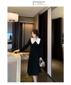 ミディアム | Aラインワンピース 秋コーデ レディース 長袖 膝丈ワンピース 腰リボン付き 美ライン シルエット 無地 フォーマル お呼ばれ 大人 オフィス 黒ワンピース