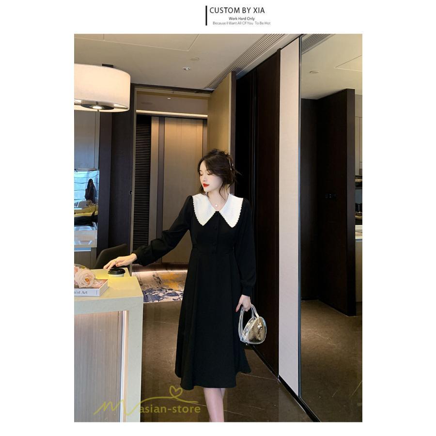 ミディアム | Aラインワンピース 秋コーデ レディース 長袖 膝丈ワンピース 腰リボン付き 美ライン シルエット 無地 フォーマル お呼ばれ 大人 オフィス 黒ワンピース