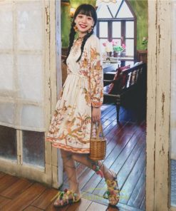 ミニ丈 | ワンピース ひざ丈 膝上 白 青 レトロ風 花柄 かわいい 着映え 着痩せ 長袖 ゆったり 大人っぽ 普段使い 旅行 きれいめ リゾート お出かけ 部屋着  SNS映え