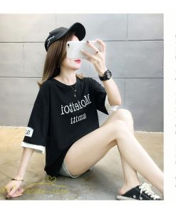 ｔシャツ・カットソー | ワイドTシャツ レディース ロング丈 5分袖 刺繍 韓国風 重ね着風 丸首 Tシャツ トップス 着痩せ 細身 カジュアル 人気 日常 上品 2021 アウトドア 夏新作 薄手