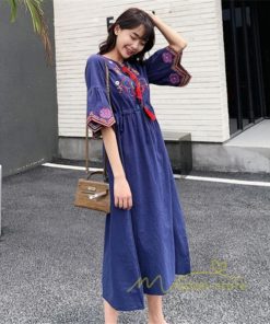 マキシ | ワンピース 半袖 夏物 レディース 秋服 綿麻 刺繍 フレアスリーブ ロングワンピース ミモレ丈 五分袖 ウエストゴム 大人 30代40代 Aラインワンピ リボン付き