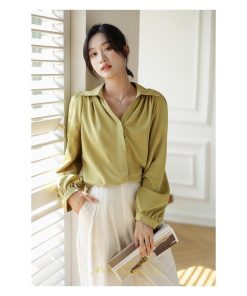 シャツ・ブラウス | ブラウス レディース シャツ トップス Vネック 長袖シャツ 無地 オフィス カジュアル おしゃれ 秋 冬 コーデ 高級感 シフォン エレガント 緑 白 通勤
