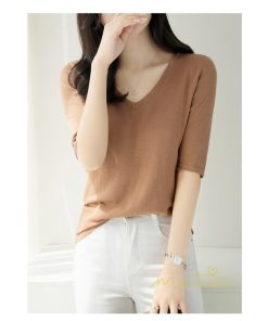 ｔシャツ・カットソー | サマーニット レディース Vネック トップス ニット 半袖 春服 春物 ニットチュニック 無地 きれいめ 春夏 黒 リブ 夏ニット 白 5分袖 涼し気