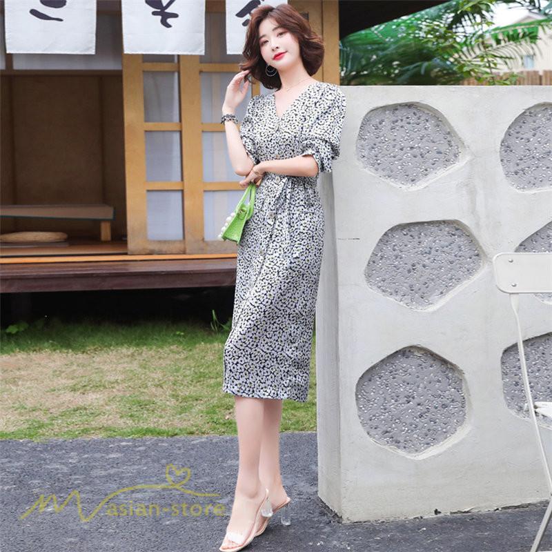 ミディアム | ワンピース レディース 着痩せ 花柄 Vネック 半袖 膝丈 サマーワンピース きれいめ エレガント 30代 40代 50代 大人 春 薄手 ひざ丈 お出かけ 上品 夏 デート