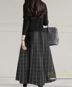 マキシ | ニットワンピース ドッキングワンピース 無地 チェック柄 黒 グレー 切り替え ワンピース 秋冬 フレアスカート 長袖 ニットトップス 切替 フェイクレイヤード