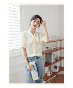 シャツ・ブラウス | ブラウス レディース おしゃれ きれいめ 半袖ブラウス カジュアル 無地 フォーマル オフィス オフホワイト 黒 シフォン OL 蝶結び 通勤 新作 お出かけ ビジネス