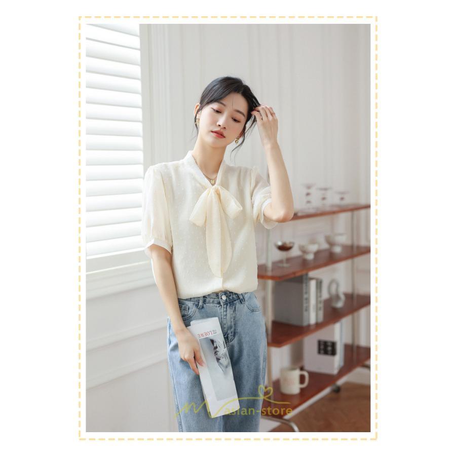 シャツ・ブラウス | ブラウス レディース おしゃれ きれいめ 半袖ブラウス カジュアル 無地 フォーマル オフィス オフホワイト 黒 シフォン OL 蝶結び 通勤 新作 お出かけ ビジネス