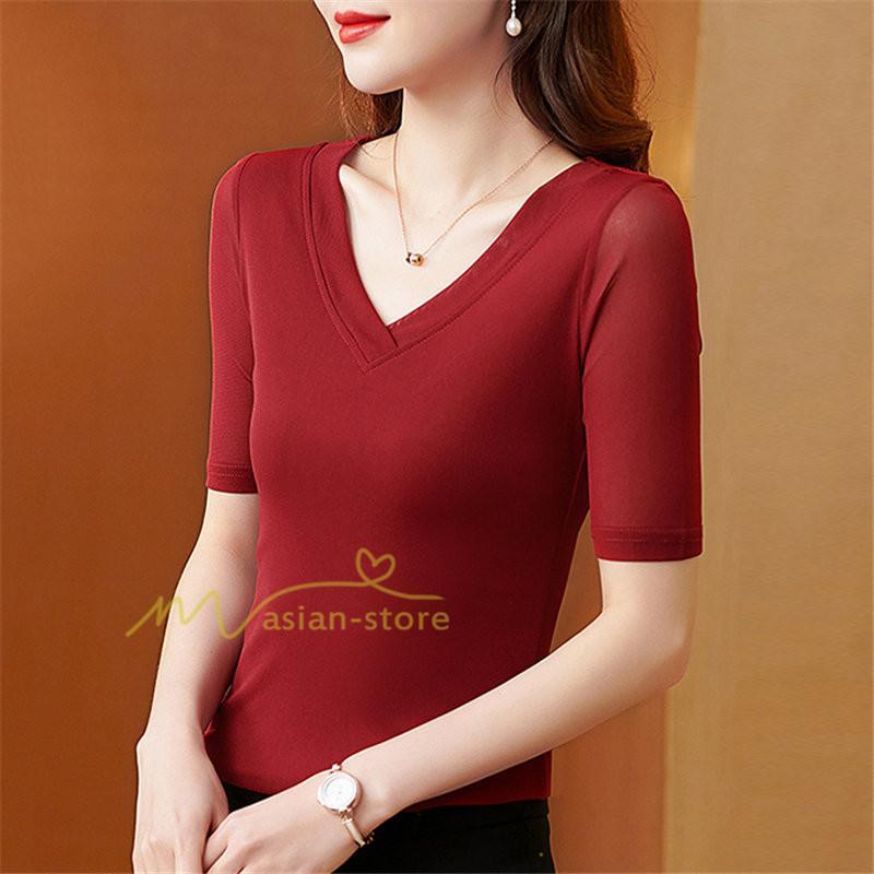 tシャツ・カットソー | Tシャツ レディース カジュアル Vネック おしゃれ 女性用 シンプル 無地 20代30代40代50代 カシュクール インナー フェミニン 上品 お出かけ 着痩せ カジュアル