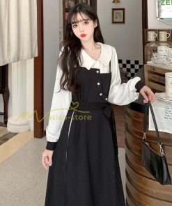 マキシ | ロングワンピース 秋物 レディース ミモレ丈 Aラインワンピース 黒白 フェイク レイヤード風 重ね着風 30代40代 シャツカラー お呼ばれワンピース 50代 着やせ