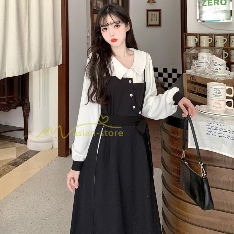 マキシ | ロングワンピース 秋物 レディース ミモレ丈 Aラインワンピース 黒白 フェイク レイヤード風 重ね着風 30代40代 シャツカラー お呼ばれワンピース 50代 着やせ