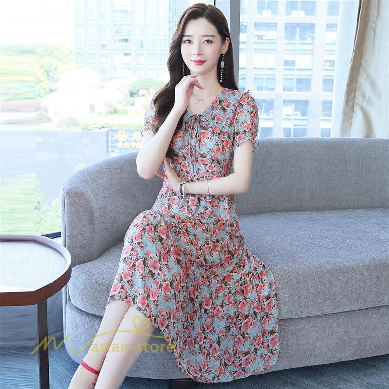 ミディアム | ワンピース レディース Aライン カジュアル Vネック サマー 半袖 ひざ丈 ミディアムワンピース 大きいサイズ 上品 花柄 着痩せ サマーワンピース 夏服