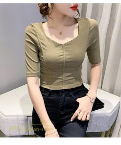 ｔシャツ・カットソー | Tシャツ Tシャツ レディース カットソー 着痩せ 5分袖 着回し 人気 スクエアネック ストレッチ 無地 ショート丈 細身 カジュアルトップス 着痩せ サマー きれい