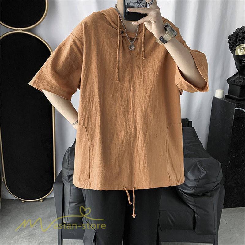 Tシャツ | トップス メンズ カットソー パーカー フード付き カジュアル 無地 7分丈 ゆったり 大きいサイズ 20代 30代 夏新作 ルームウェア 体型カバー シンプル