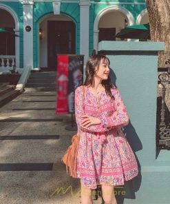 ミニ丈 | ワンピース レディース 春 夏 長袖 膝上 ショート 民族風 花柄 エスニック ボヘミアン 高品質 海外旅行 海デート 着痩せ Vネック レトロ リゾート カジュアル