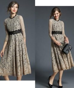 レースワンピース | ミモレフレアパーティードレス 結婚式二次会上品発表会入園式 袖あり七分袖 総レース 裏地あり エレガント シルエット フォーマル