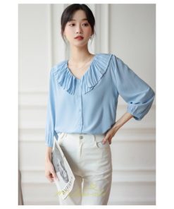 シャツ・ブラウス | ブラウス レディース シャツ おしゃれ きれいめ 七分袖ブラウス カジュアル 無地 フォーマル オフィス 夏物 エレガント Vネック ライトブルー 通勤 ビジネス