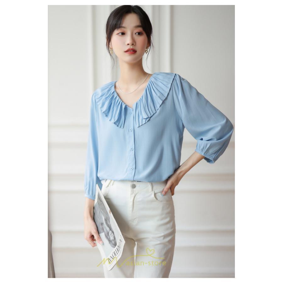 シャツ・ブラウス | ブラウス レディース シャツ おしゃれ きれいめ 七分袖ブラウス カジュアル 無地 フォーマル オフィス 夏物 エレガント Vネック ライトブルー 通勤 ビジネス
