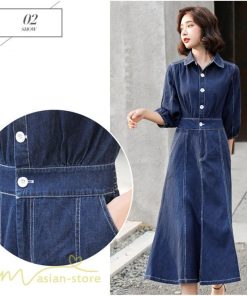 デニムワンピース | レディース デニム ワンピース マーメイド 長袖 秋 5分袖 カジュアル シャツワンピース カジュアル ロング丈 レトロ風 ポケット 着痩せ