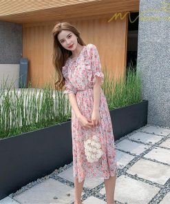 ミディアム | ワンピース プリーツフレア フェミニン Aライン リボンデザイン 小花柄 リゾートワンピ ウエストゴム ハイウエスト 2020新制作 ピンタック 夏コーデ 薄手