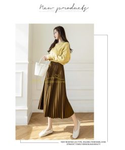 スカート | プリーツロングミモレ丈 Aラインウエストゴム ハイウエスト 秋冬 無地 ゆったり 大人 通学通勤 プリーツ エレガント