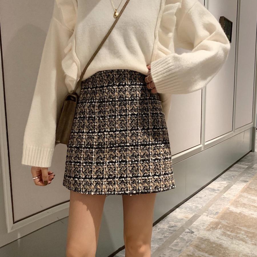 ひざ丈スカート | タイトスカート ハイウエスト チェック柄 レディース 台形スカート スカート ミニスカート ツイード
