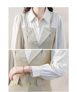 ミニ丈 | 切り替えワンピース 秋 レディース フェイク レイヤード風 ミニワンピース 膝上丈 Aラインワンピース オフィス 可愛い フォーマル エレガント シャツカラー 大人