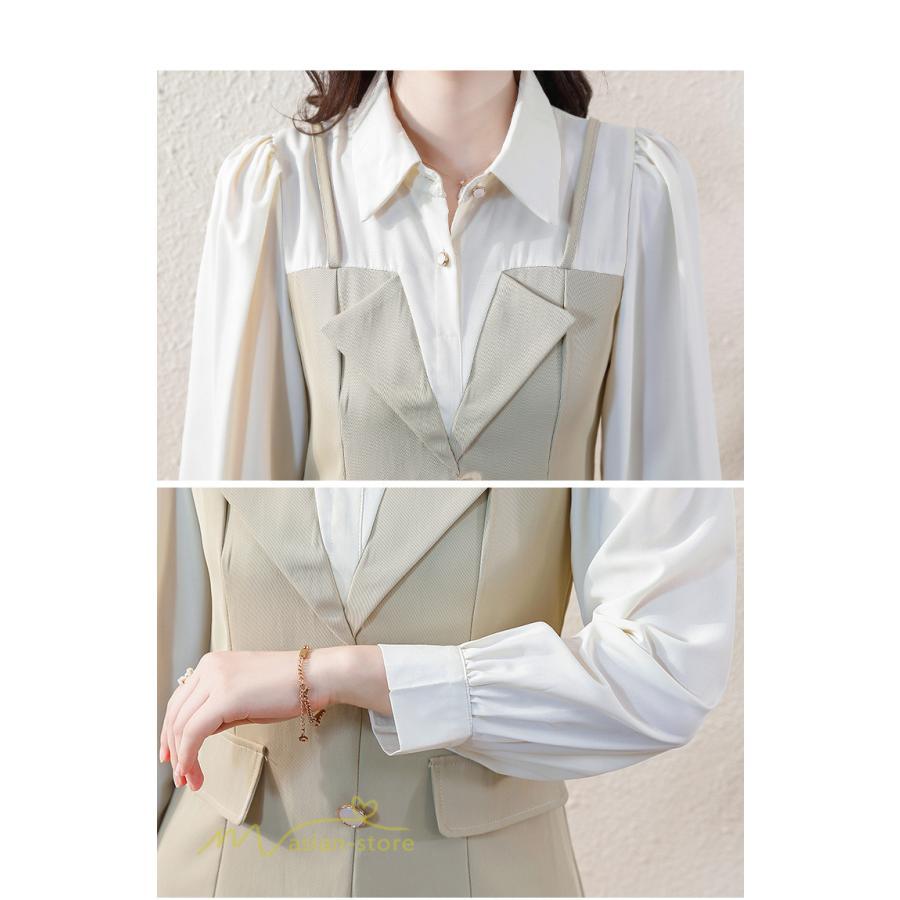 ミニ丈 | 切り替えワンピース 秋 レディース フェイク レイヤード風 ミニワンピース 膝上丈 Aラインワンピース オフィス 可愛い フォーマル エレガント シャツカラー 大人