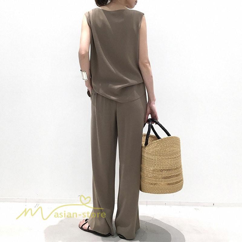 セットアップ | ワイドパンツ タンクトップ レディース 落ち感 大人 ルームウェア 30代40代 お出かけ 2点セット 夏物 可愛い 上下セット カジュアル 秋服