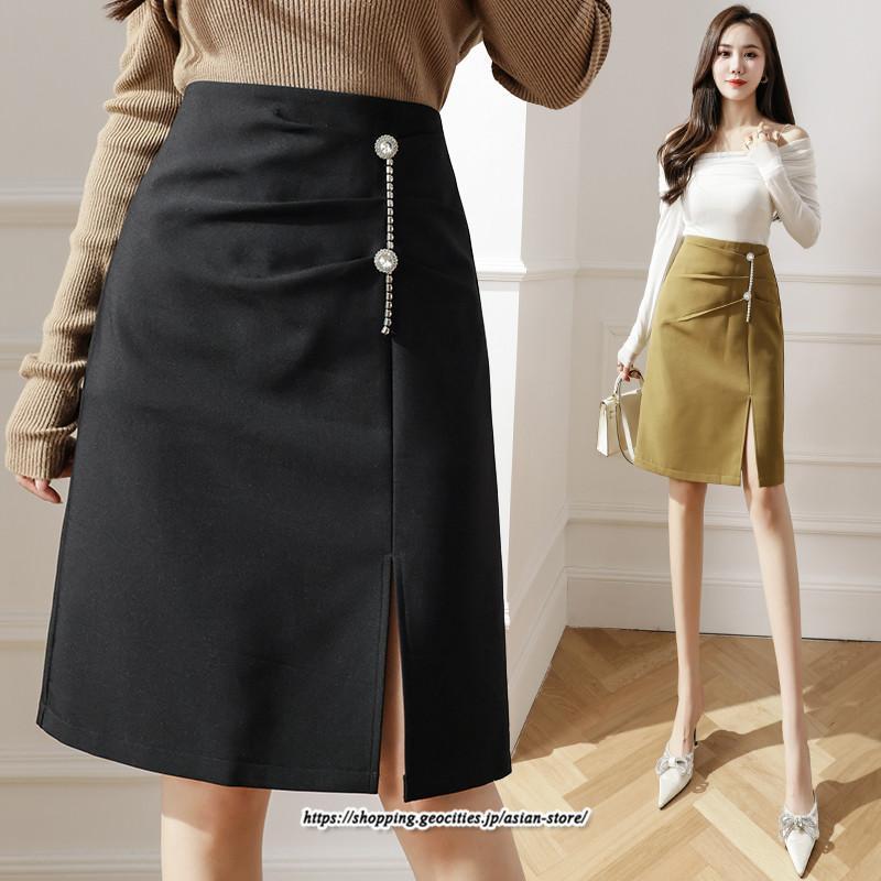 スカート | レディース ひざ丈 膝丈 オシャレ カジュアル Aライン スリット キレイめ 着痩せ 2022新作 通勤 通学 50代 秋冬コーデ 20代 30代 40代