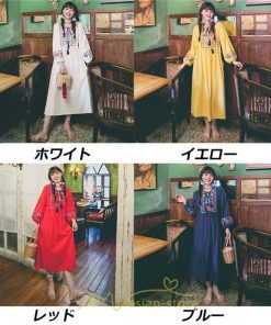 マキシ | ワンピース ロングワンピ パーティー お呼ばれ デート ゆったり 女子会 食事会 白 赤 黄色 青 Aライン 長袖 エスニック風 2022年夏秋新作 刺繍 Vネック 綿麻