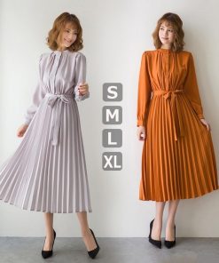 マキシ | ワンピースプリーツワンピース ロングフレアシフォンワンピース 二次会 ドレス 無地長袖リゾート ウエストリボン付き 通学通勤 エレガント M S L XL 可愛い