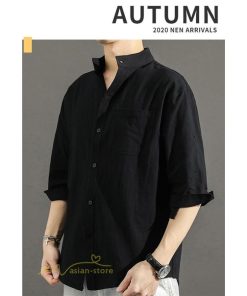 シャツ | 夏メンズ 麻 綿 カジュル 7分丈 カッコイイ ワイドゆったり 夏コーデ 新作 サマー風 スタンドカラー 日常感 無地 5XL ボタン 上品 大きいサイズ