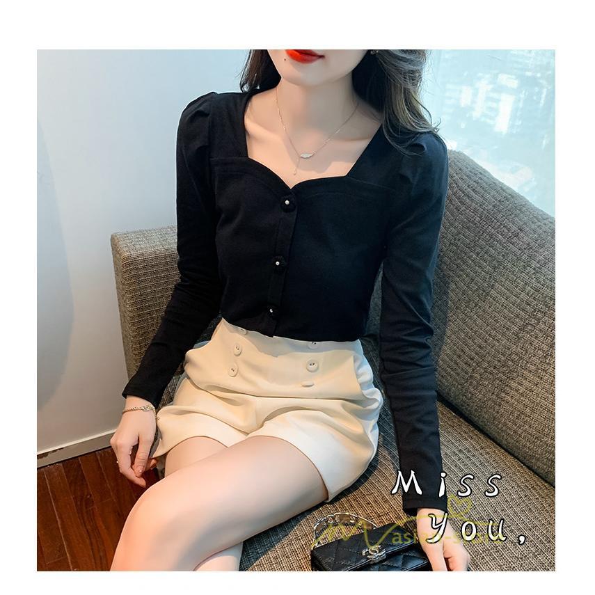 tシャツ・カットソー | ショート丈Tシャツ レディース 長袖Tシャツ カットソー タイト スリム 無地 トップス 綿 秋物 可愛い 小さい 通学通勤 20代30代 インナー 綿Tシャツ