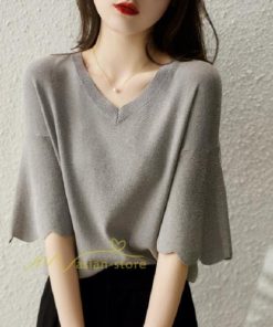 ニット・セーター | ニット レディース トップス 半袖 サマーニット Vネック 春 夏 無地人気 日常感 カジュアル シャツ お出かけ 2021作 上品 シンプル 激売れ 着痩せ 20代30代40代