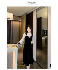 ミディアム | Aラインワンピース 秋コーデ レディース 長袖 切り替え ビロード 膝丈ワンピース 美ライン シルエット 無地 黒ワンピース オフィス フォーマル 大人 お呼ばれ