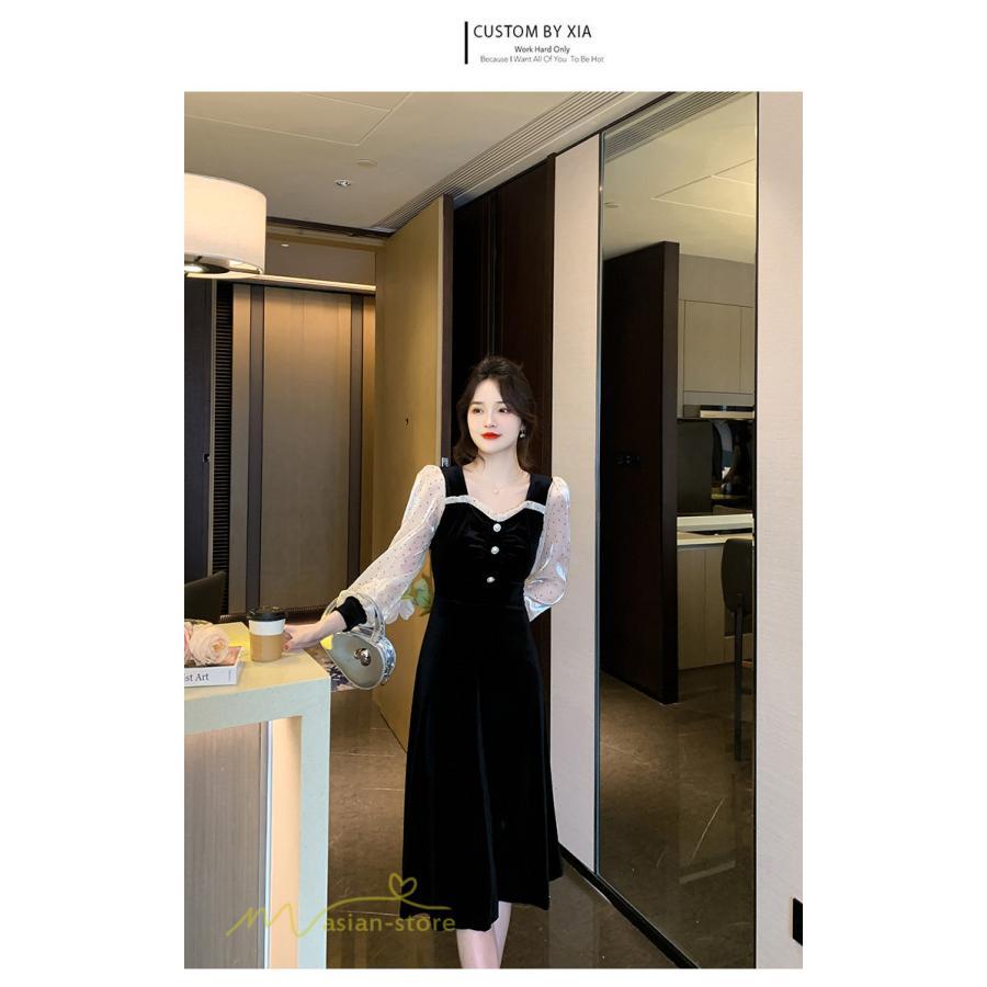 ミディアム | Aラインワンピース 秋コーデ レディース 長袖 切り替え ビロード 膝丈ワンピース 美ライン シルエット 無地 黒ワンピース オフィス フォーマル 大人 お呼ばれ
