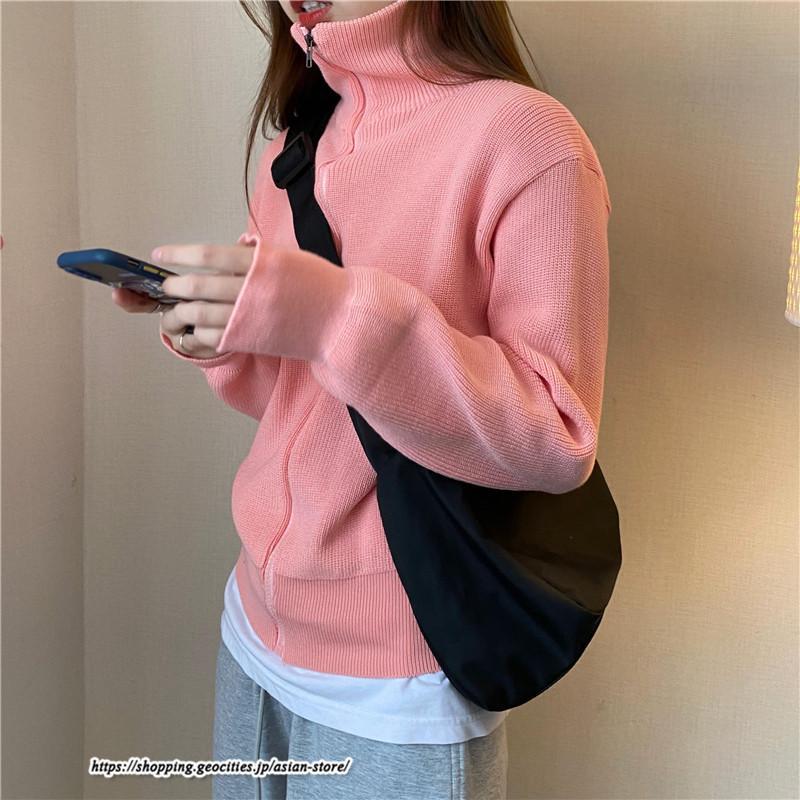 カーディガン | ニットレディース トップス リブニット ジップアップ ハイネック 羽織り 長袖 カーディガン ジャケット ライトアウター ニット セーター