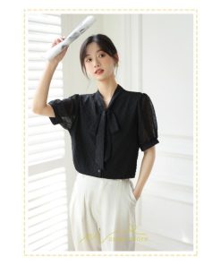 シャツ・ブラウス | ブラウス レディース おしゃれ きれいめ 半袖ブラウス カジュアル 無地 フォーマル オフィス オフホワイト 黒 シフォン OL 蝶結び 通勤 新作 お出かけ ビジネス