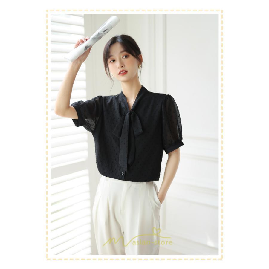 シャツ・ブラウス | ブラウス レディース おしゃれ きれいめ 半袖ブラウス カジュアル 無地 フォーマル オフィス オフホワイト 黒 シフォン OL 蝶結び 通勤 新作 お出かけ ビジネス