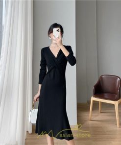 ニットワンピース | 二ットワンピース レディース ニットワンピ Vネック 長袖 トップス チュニック ロング丈 ミモレ丈 着痩せ 秋 冬 コーデ 20代30代40代 フェミニン 上品 大人